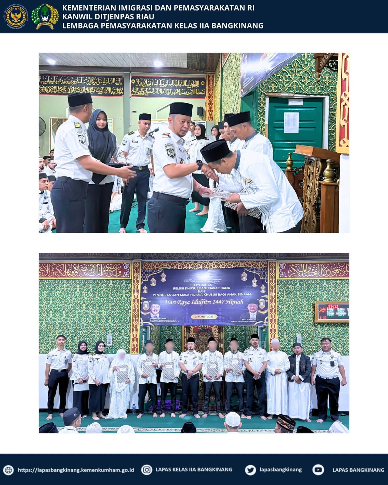 Momentum Idul Fitri, Lapas Bangkinang Serahkan Remisi Idul Fitri Kepada 1.140 Warga Binaan